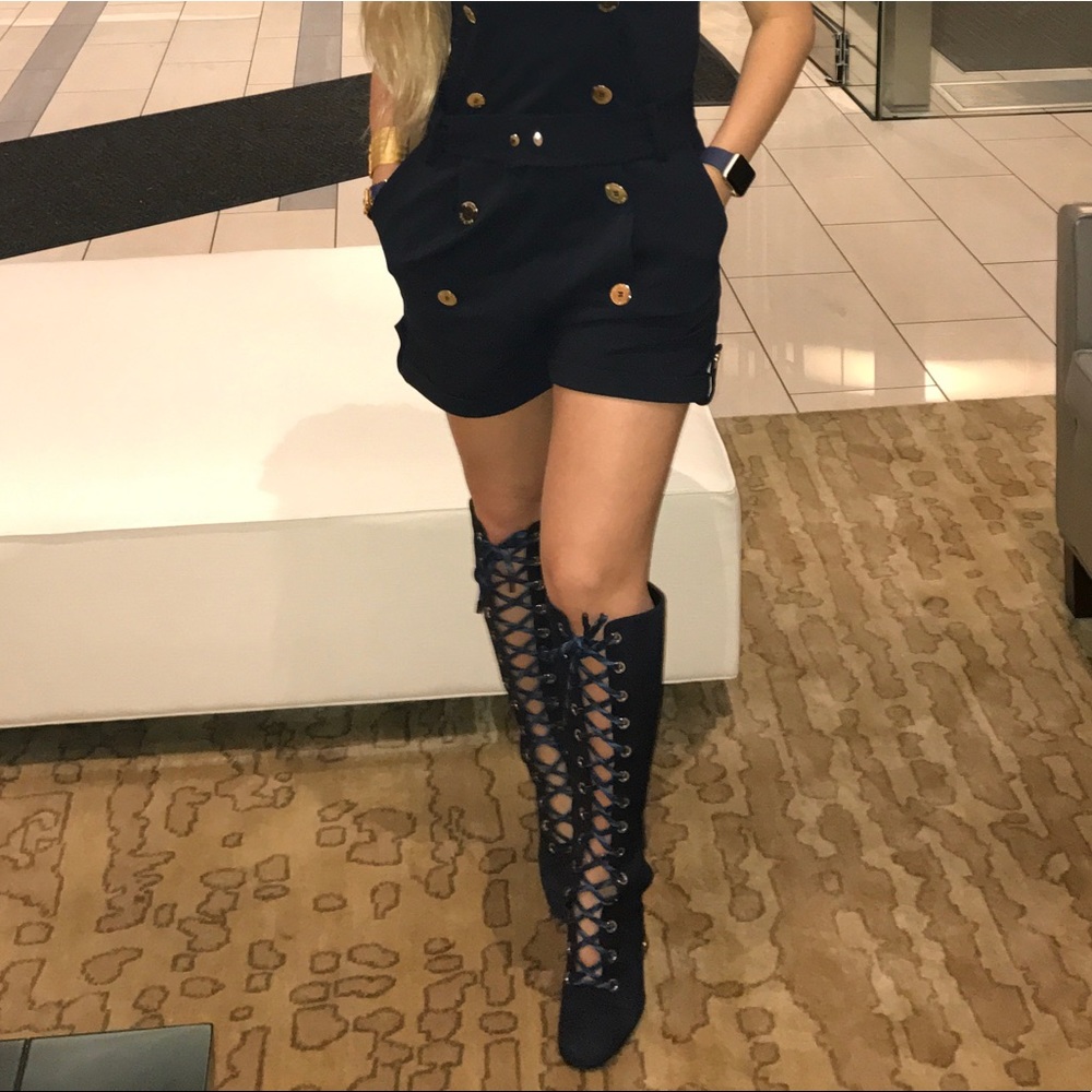 PRADA DARK BLUE LACED KNEW OPEN HEEL BOOTS SIZE 6.5 (36.5 Italian size) - Picture 4 of 17